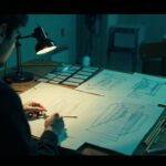 Artista dibujando storyboards de un colegio en una mesa de estudio con flexo, lapices de colores, tiras de pelicula y un violin, luz calida de lampara