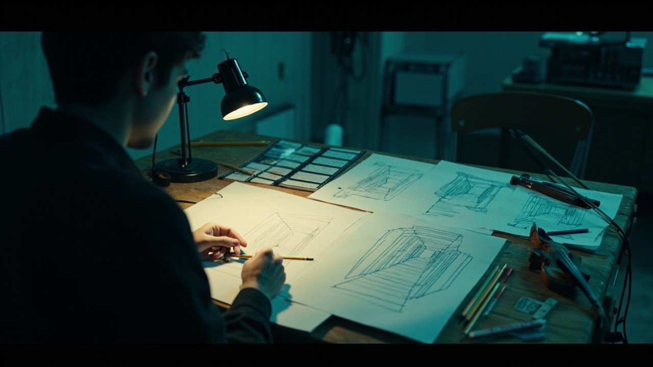 Artista dibujando storyboards de un colegio en una mesa de estudio con flexo, lapices de colores, tiras de pelicula y un violin, luz calida de lampara