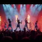 Bailarines con uniformes azul y blanco sobre un escenario de concierto, iluminados con focos rojos y blancos, con columnas de llamas a su espalda y el público levantando las manos en primer plano.
