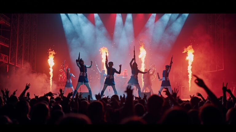 Bailarines con uniformes azul y blanco sobre un escenario de concierto, iluminados con focos rojos y blancos, con columnas de llamas a su espalda y el público levantando las manos en primer plano.