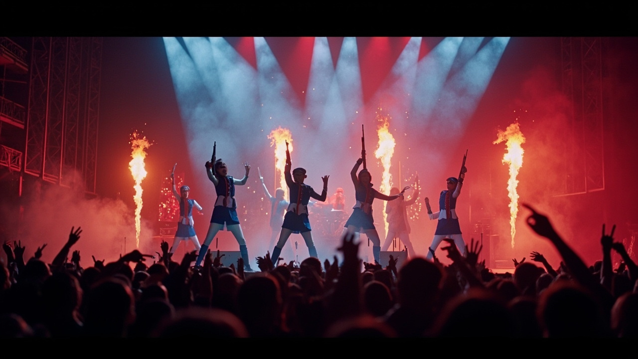 Bailarines con uniformes azul y blanco sobre un escenario de concierto, iluminados con focos rojos y blancos, con columnas de llamas a su espalda y el público levantando las manos en primer plano.